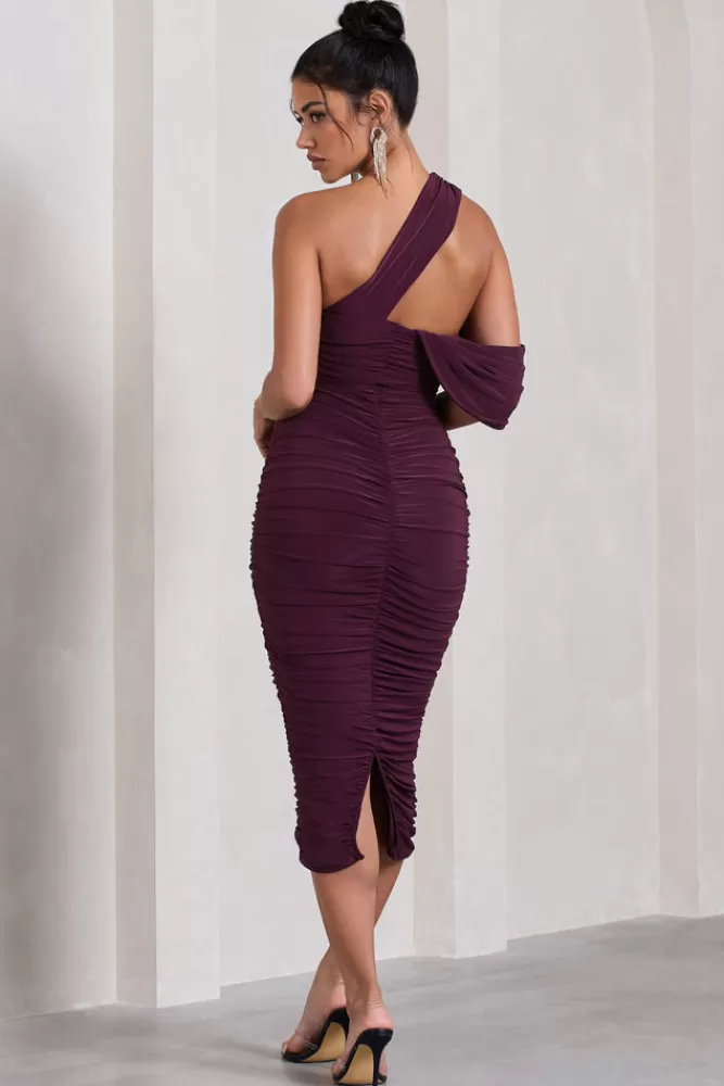 Club L London Cici | Asymmetric One Shoulder Ruched Midi Dress PLUM Store