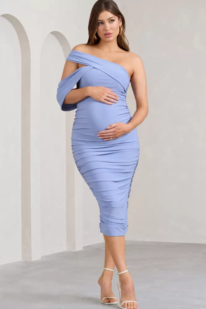 Club L London Cici | Powder Blue Asymmetric Ruched Maternity Midi Dress POWDERBLUE Outlet