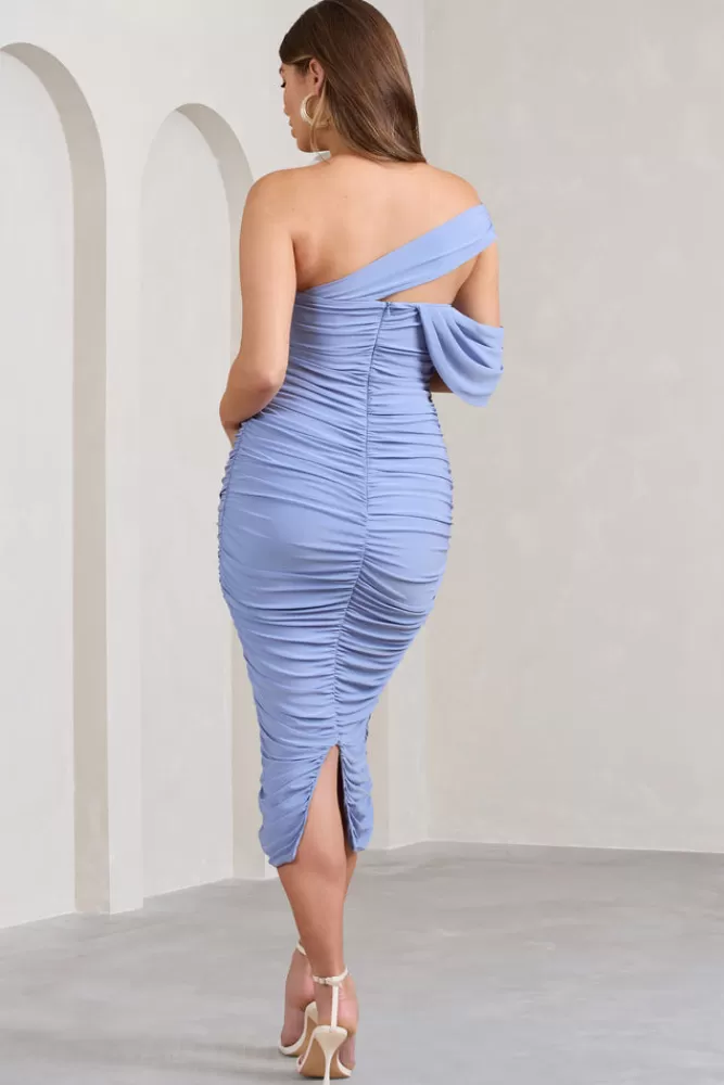 Club L London Cici | Powder Blue Asymmetric Ruched Maternity Midi Dress POWDERBLUE Outlet