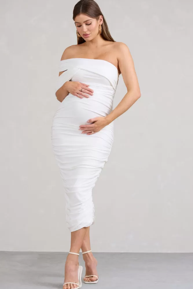 Club L London Cici | Asymmetric Ruched Maternity Midi Dress WHITE Online