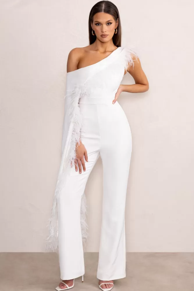 Club L London Cindy | One-Shoulder Cape Jumpsuit with Feather Trim WHITE Clearance