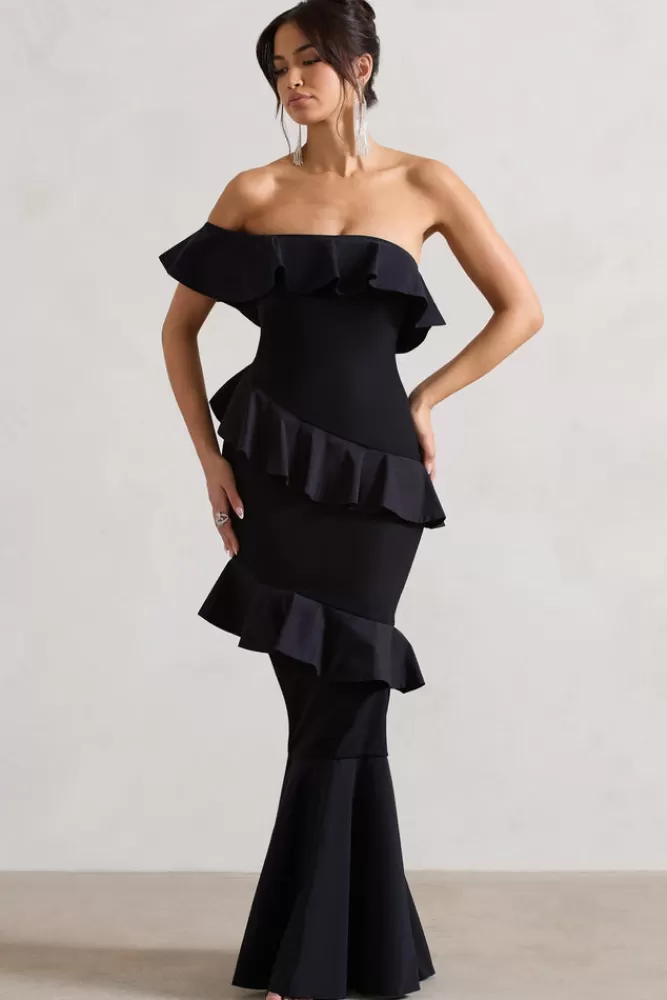 Club L London Cinematic | Bardot Ruffled Fishtail Maxi Dress BLACK Discount