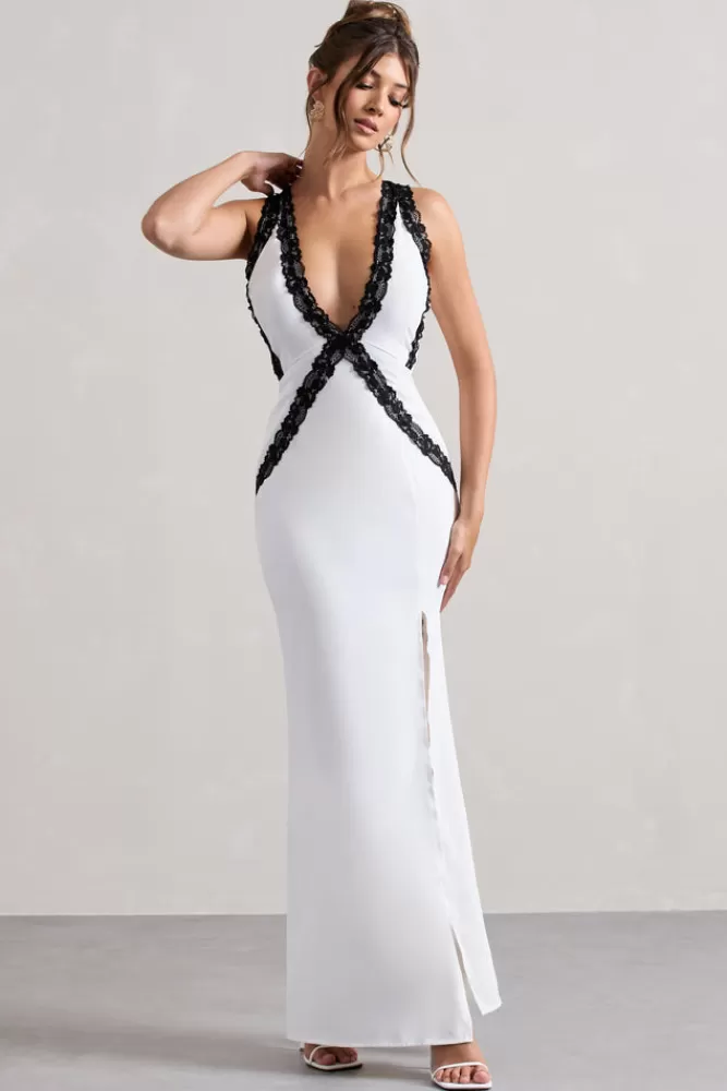 Club L London Cirilla | Plunge-Neck Split Maxi Dress With Lace Detail WHITE Store