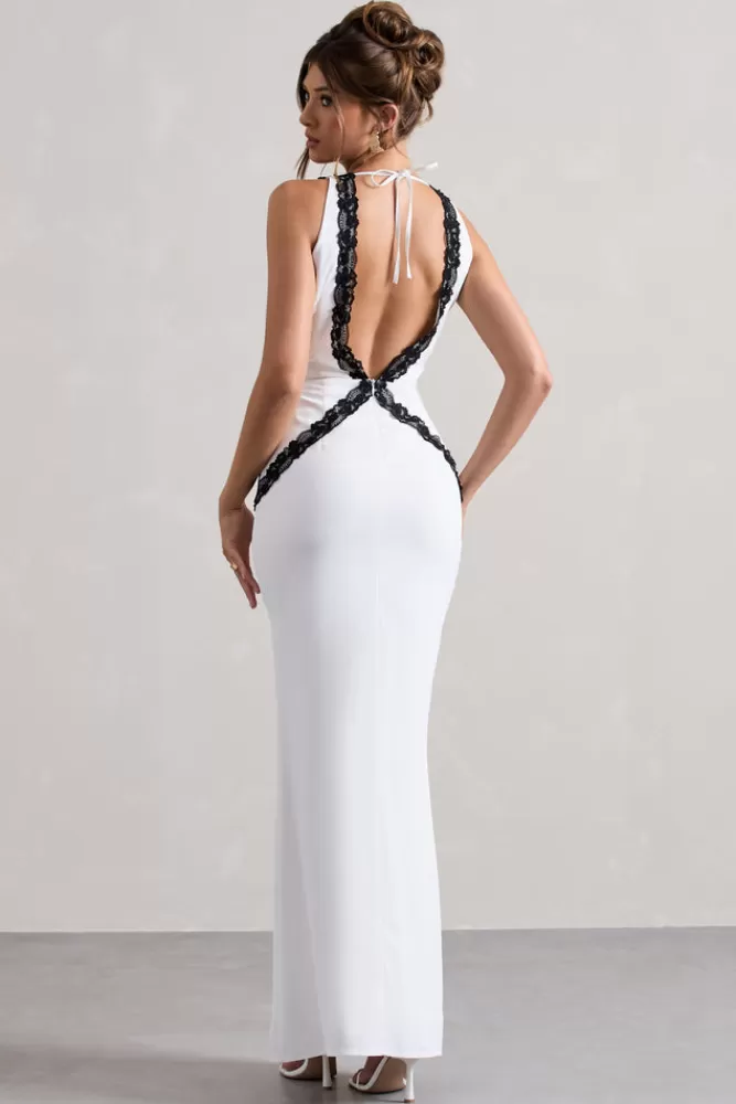 Club L London Cirilla | Plunge-Neck Split Maxi Dress With Lace Detail WHITE Store