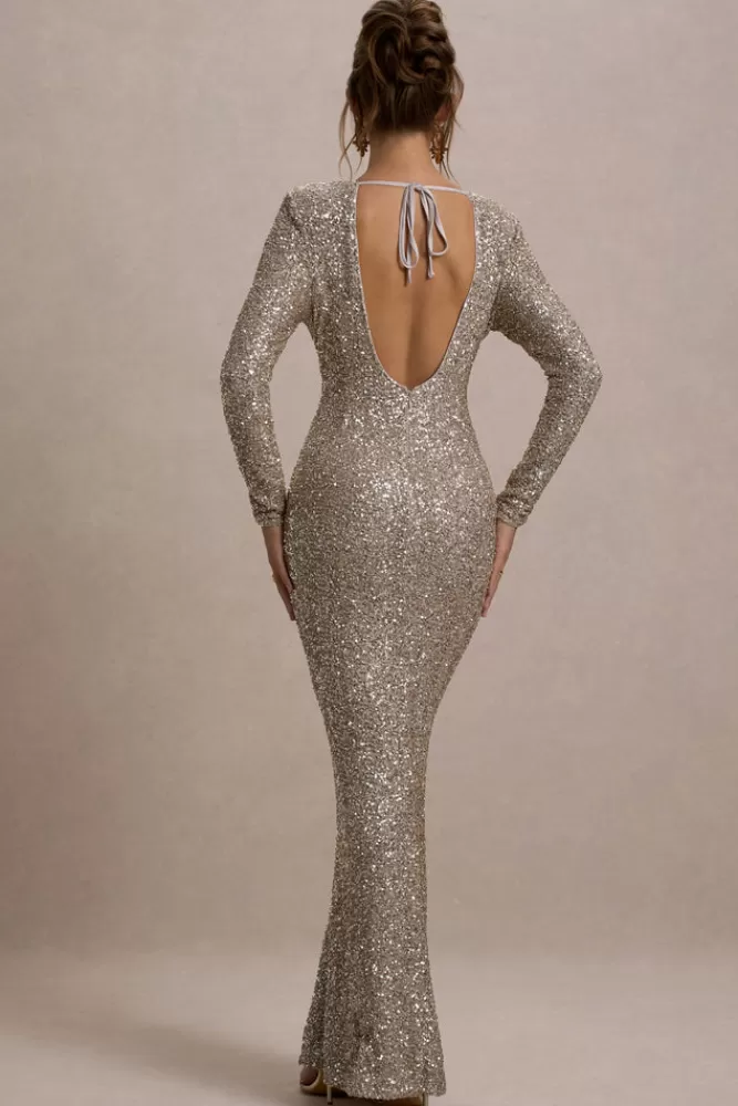 Club L London Citrine | Rose Gold Sequin Long-Sleeve Maxi Dress ROSEGOLD Best Sale