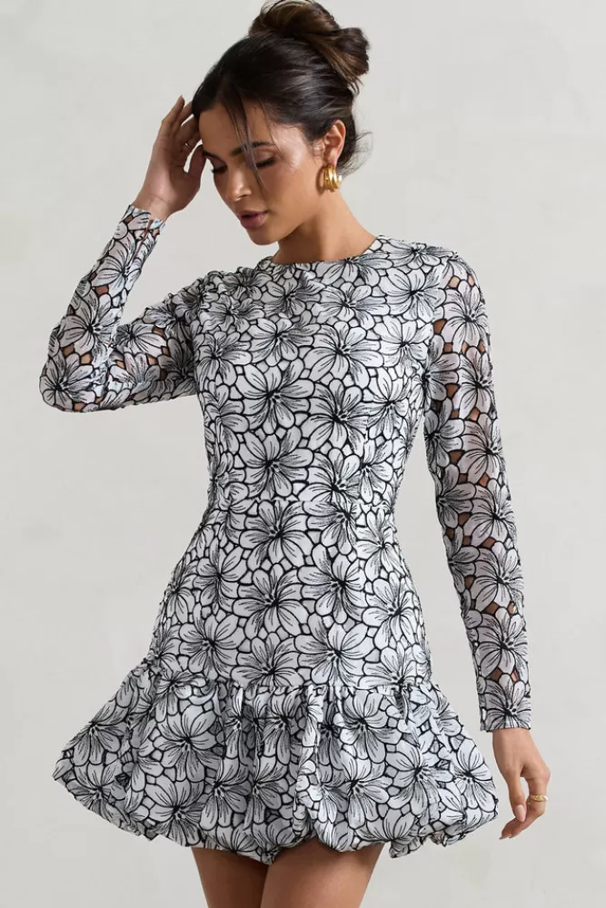 Club L London Claribel | Black u0026 Lace Long-Sleeve Mini Dress With Ruffle Hem WHITE Flash Sale