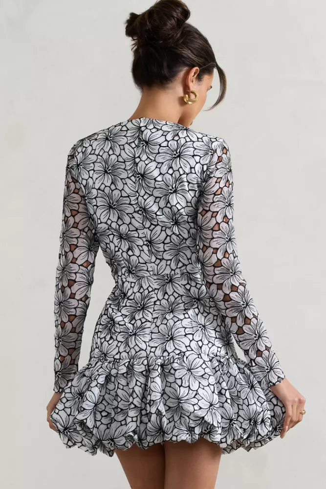 Club L London Claribel | Black u0026 Lace Long-Sleeve Mini Dress With Ruffle Hem WHITE Flash Sale