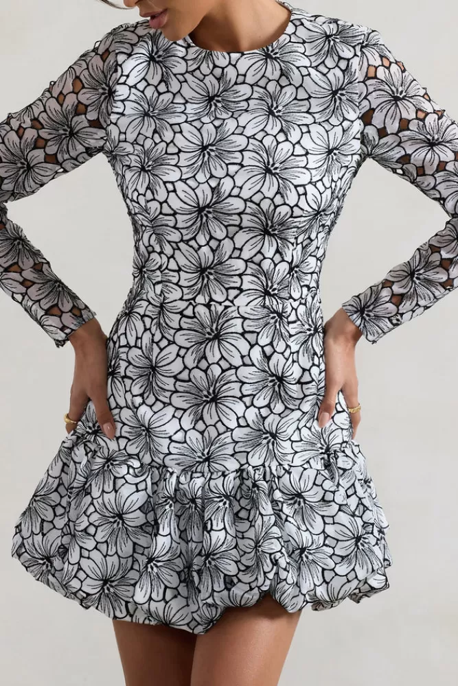Club L London Claribel | Black u0026 Lace Long-Sleeve Mini Dress With Ruffle Hem WHITE Flash Sale