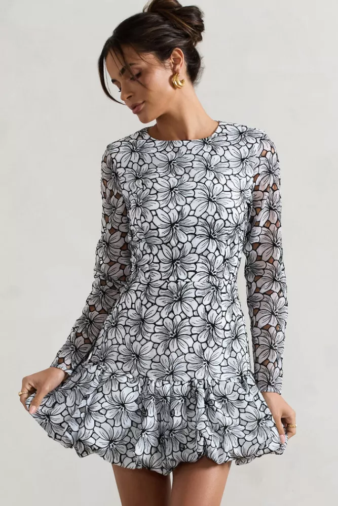 Club L London Claribel | Black u0026 Lace Long-Sleeve Mini Dress With Ruffle Hem WHITE Flash Sale