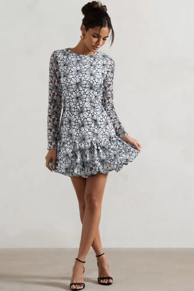 Club L London Claribel | Black u0026 Lace Long-Sleeve Mini Dress With Ruffle Hem WHITE Flash Sale