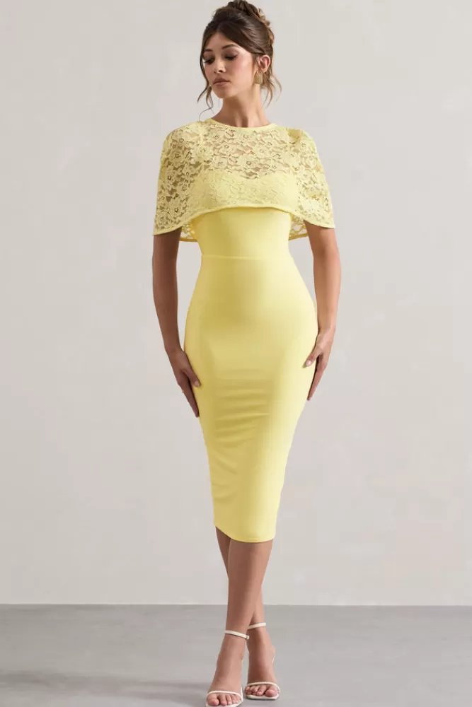 Club L London Claudette | Bodycon Midi Dress With Lace Overlay LEMON Clearance