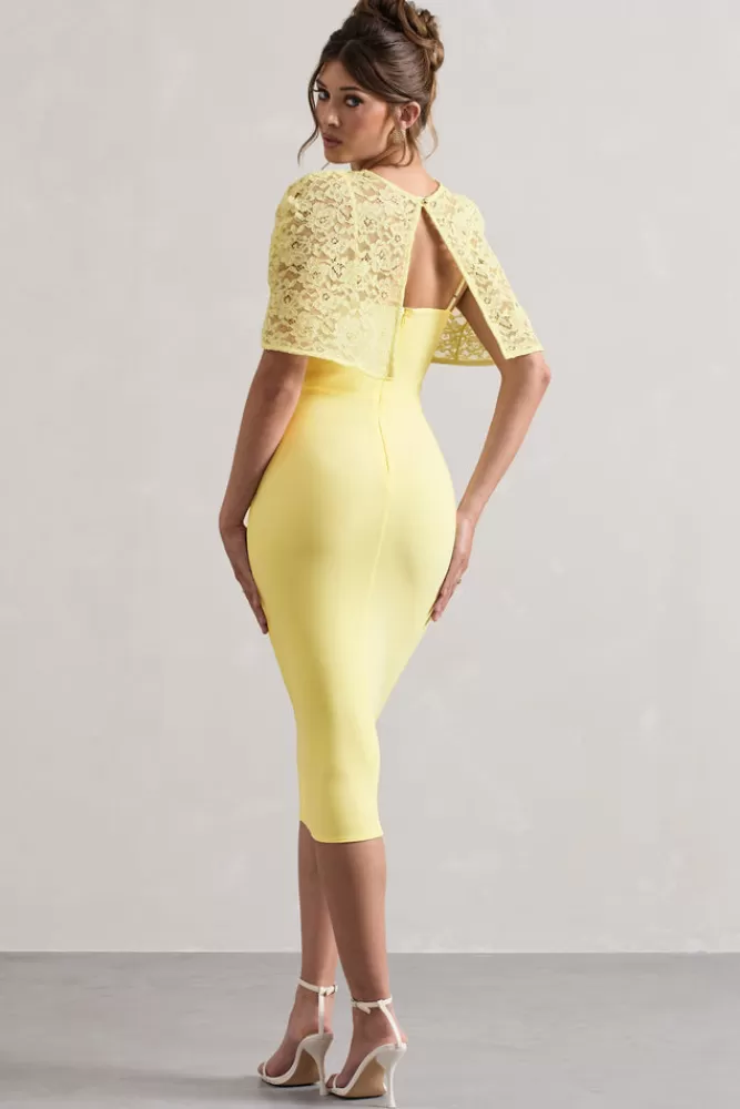 Club L London Claudette | Bodycon Midi Dress With Lace Overlay LEMON Clearance