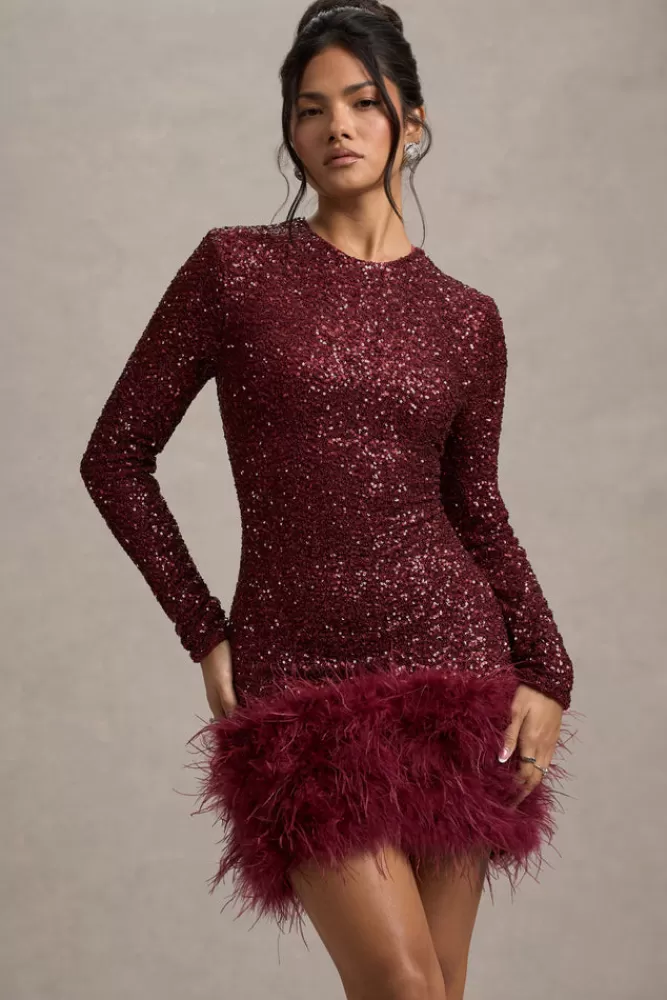 Club L London Claudia | Sequin High Neck Feather Hem Mini Dress With Long Sleeves BERRY Flash Sale