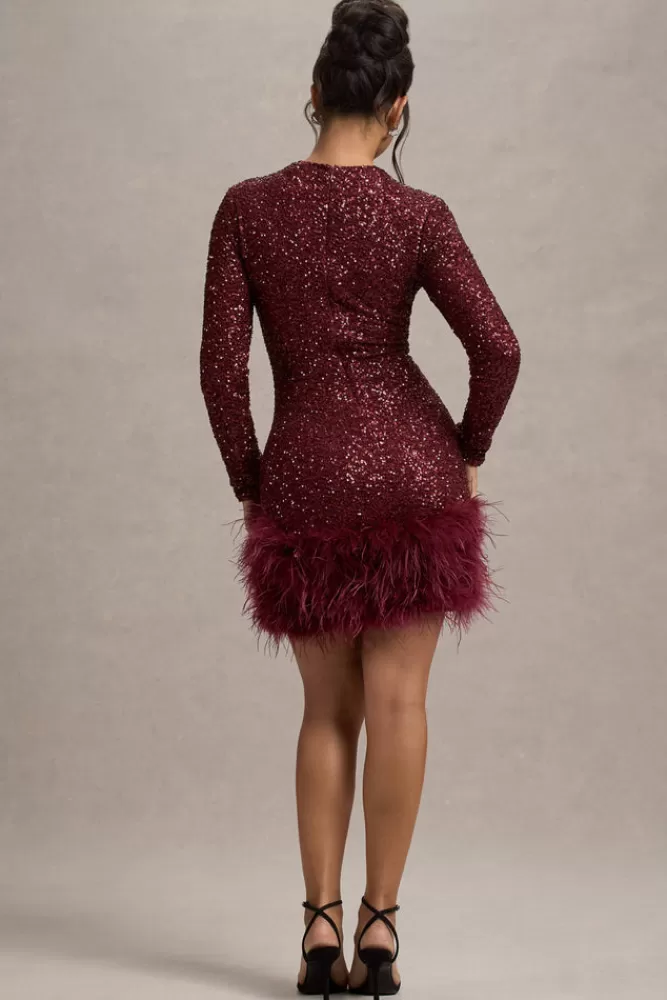 Club L London Claudia | Sequin High Neck Feather Hem Mini Dress With Long Sleeves BERRY Flash Sale