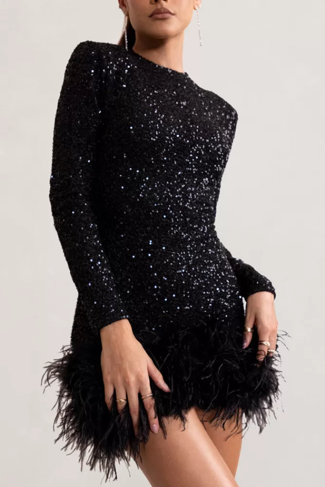 Club L London Claudia | Sequin High Neck Feather Hem Mini Dress With Long Sleeves BLACK Fashion