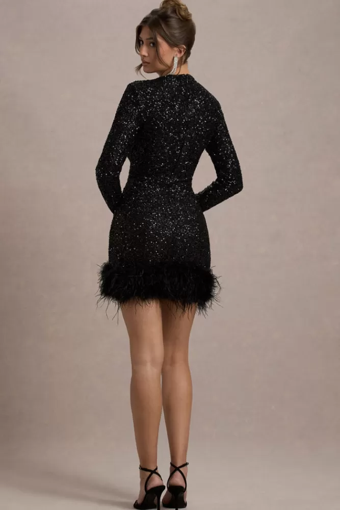Club L London Claudia | Sequin High Neck Feather Hem Mini Dress With Long Sleeves BLACK Fashion