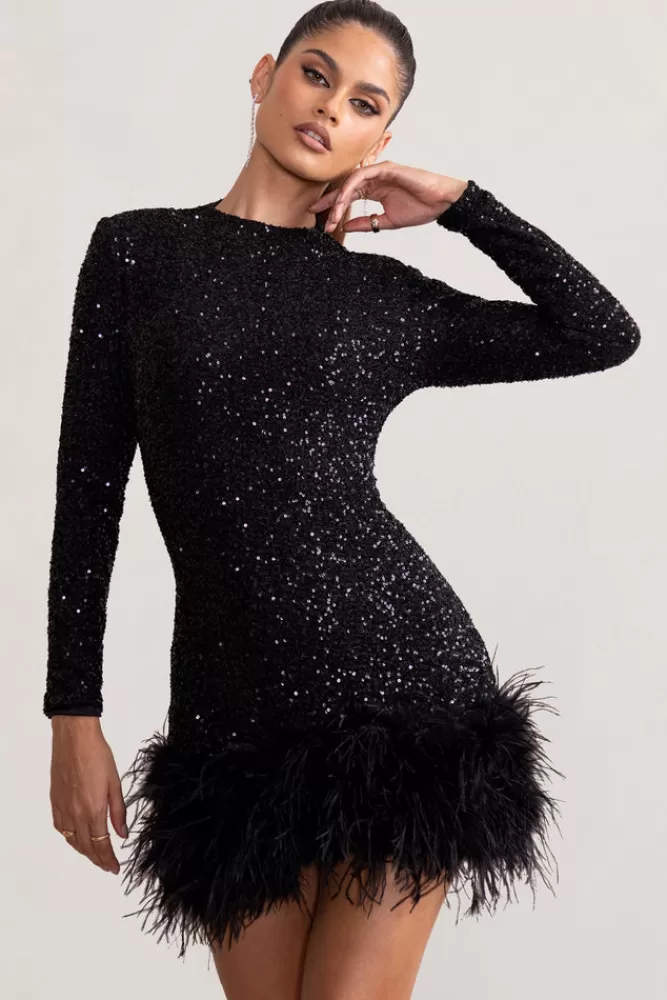Club L London Claudia | Sequin High Neck Feather Hem Mini Dress With Long Sleeves BLACK Fashion