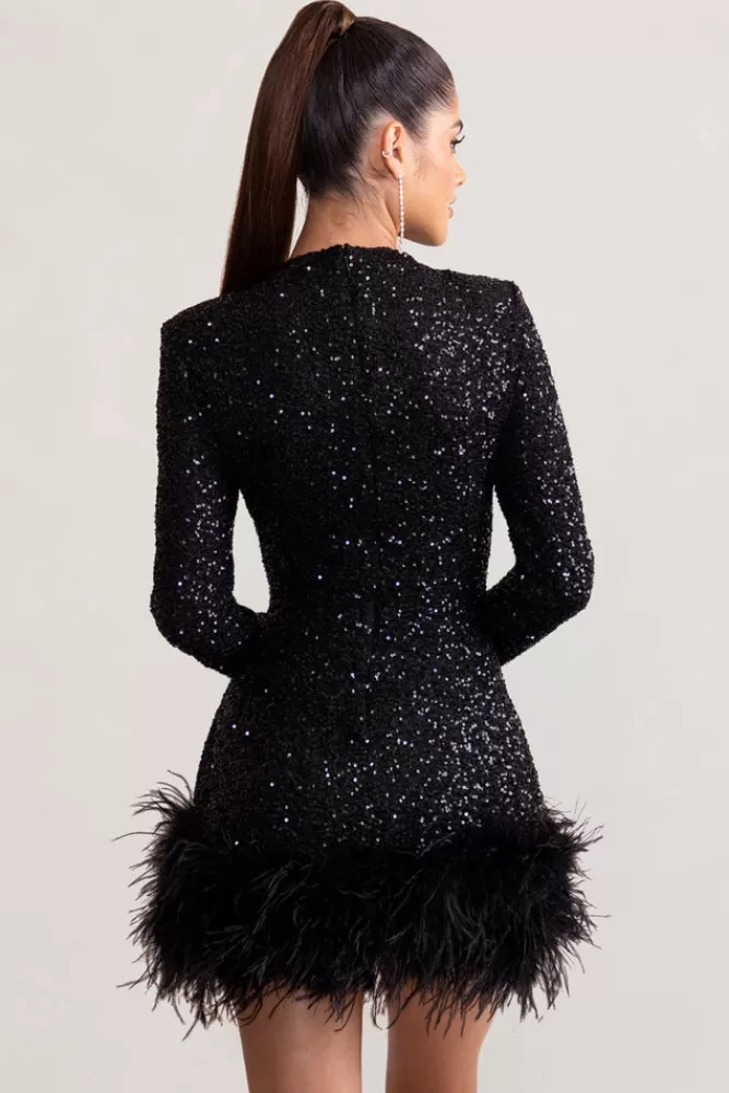 Club L London Claudia | Sequin High Neck Feather Hem Mini Dress With Long Sleeves BLACK Fashion