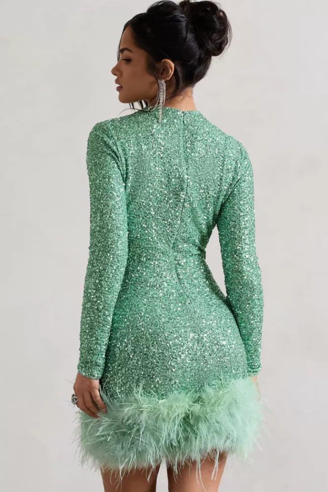 Club L London Claudia | Sequin High Neck Feather Hem Mini Dress With Long Sleeves MINT Online