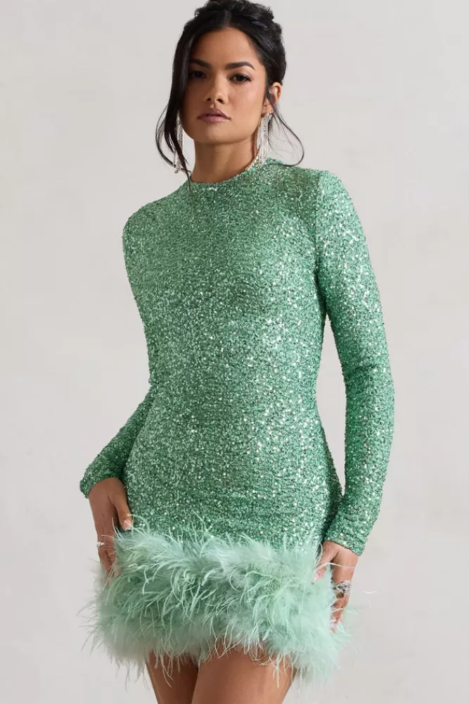 Club L London Claudia | Sequin High Neck Feather Hem Mini Dress With Long Sleeves MINT Online