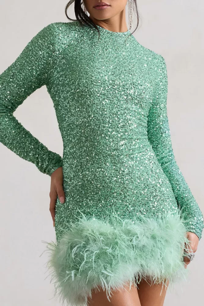 Club L London Claudia | Sequin High Neck Feather Hem Mini Dress With Long Sleeves MINT Online