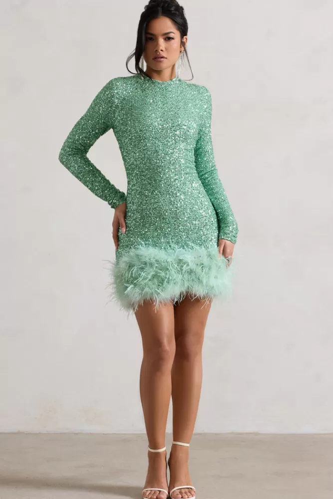 Club L London Claudia | Sequin High Neck Feather Hem Mini Dress With Long Sleeves MINT Online