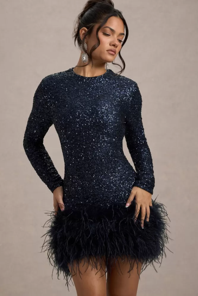 Club L London Claudia | Sequin High Neck Feather Hem Mini Dress With Long Sleeves NAVY Online