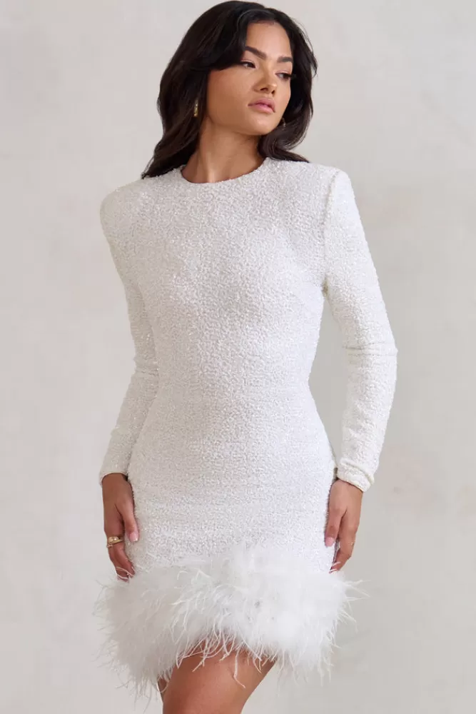 Club L London Claudia | Sequin High Neck Feather Hem Mini Dress With Long Sleeves WHITE Online