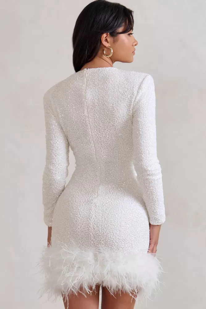 Club L London Claudia | Sequin High Neck Feather Hem Mini Dress With Long Sleeves WHITE Online