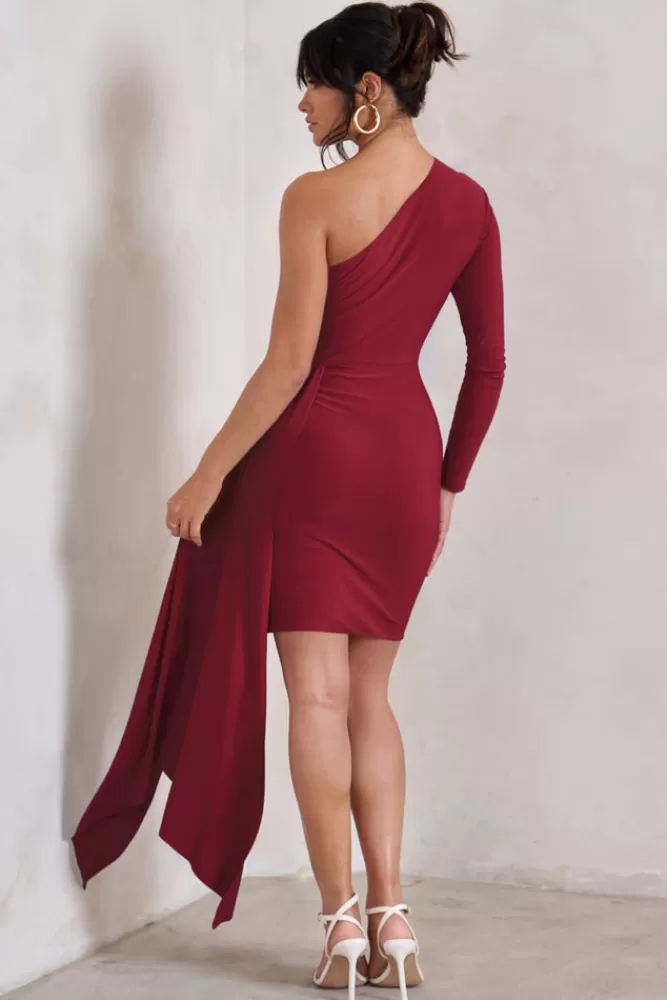 Club L London Claudina | Asymmetric Long Sleeve Wrap Mini Dress With Statement Drape BERRY New