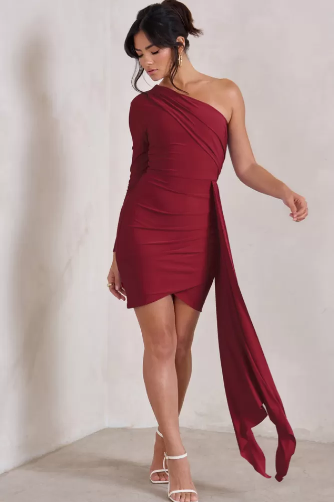 Club L London Claudina | Asymmetric Long Sleeve Wrap Mini Dress With Statement Drape BERRY New