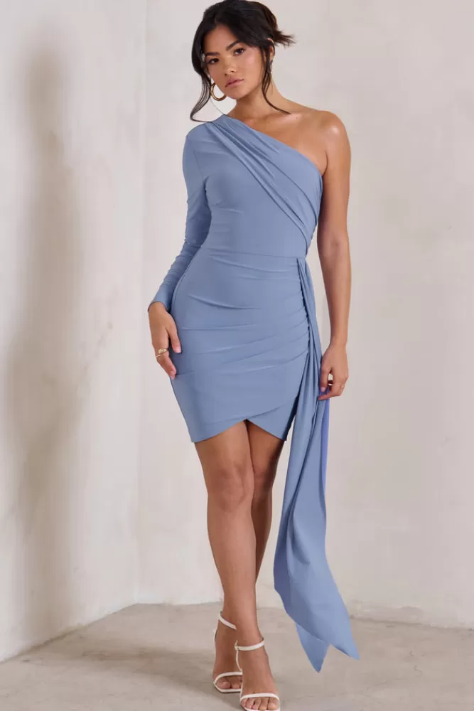 Club L London Claudina | Blue Asymmetric Long Sleeve Wrap Mini Dress With Statement Drape ICEBLUE Clearance