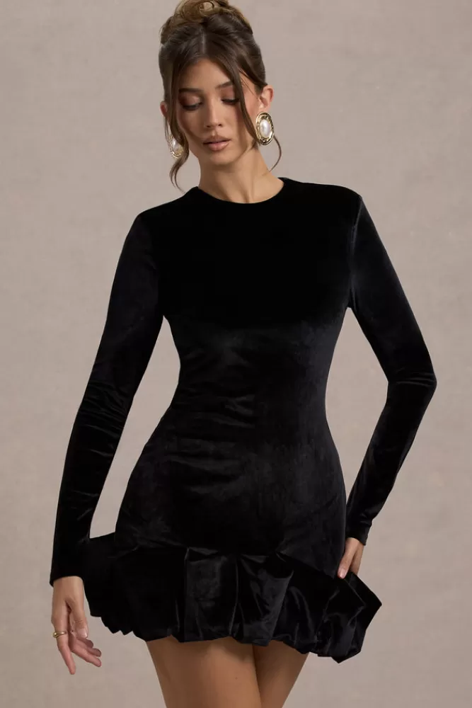 Club L London Claudine | Velvet Long-Sleeved Ruffled Mini Dress BLACK Best