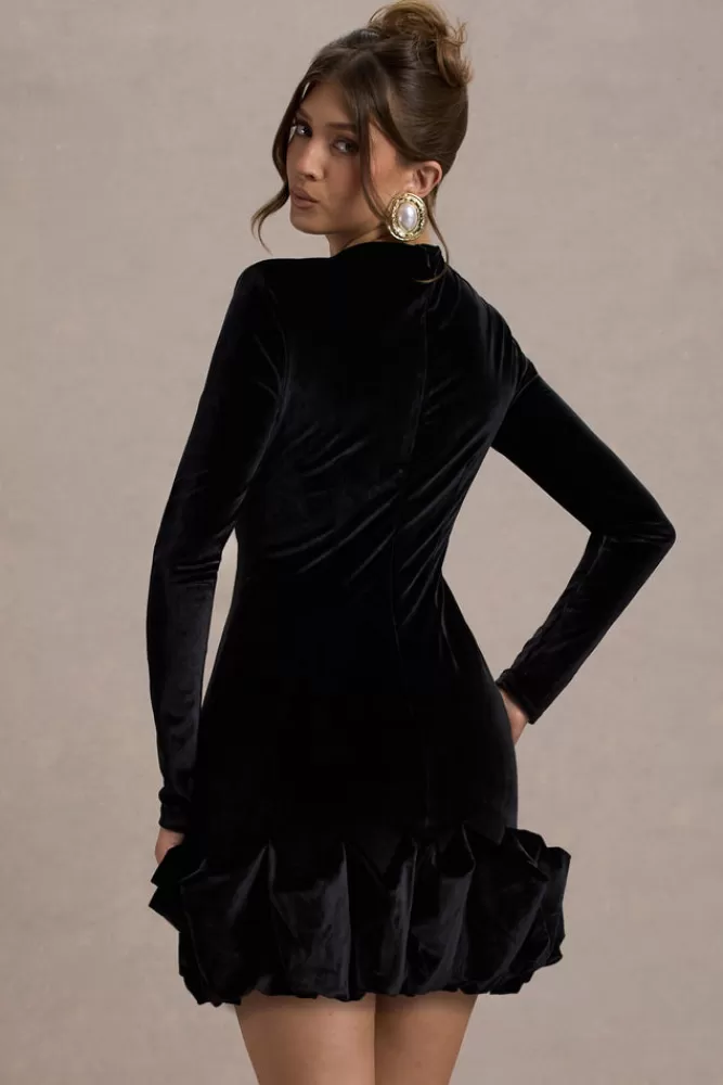 Club L London Claudine | Velvet Long-Sleeved Ruffled Mini Dress BLACK Best