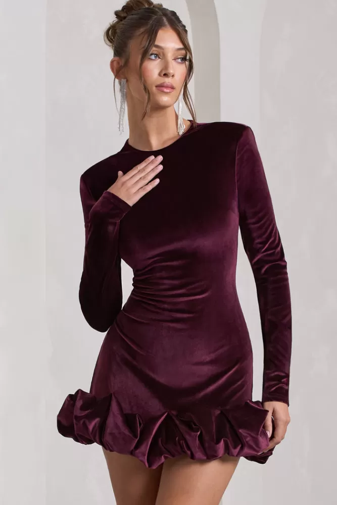 Club L London Claudine | Velvet Long-Sleeved Ruffled Mini Dress PORT Cheap