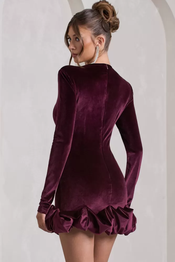 Club L London Claudine | Velvet Long-Sleeved Ruffled Mini Dress PORT Cheap