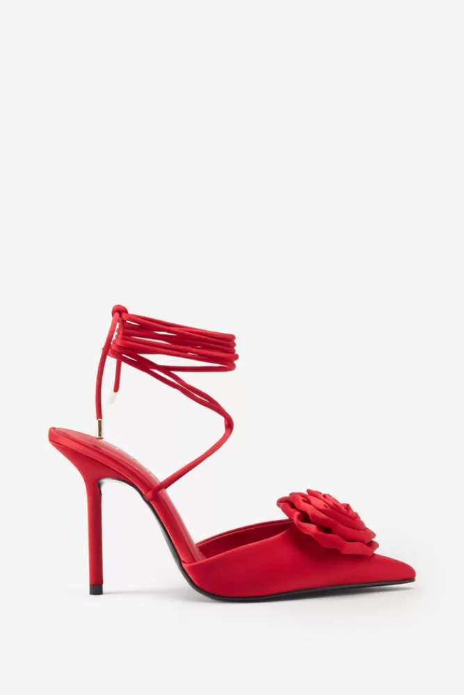 Club L London Clearly | Red Satin Lace-Up Stiletto Heels With Flowers REDSATIN Best Sale