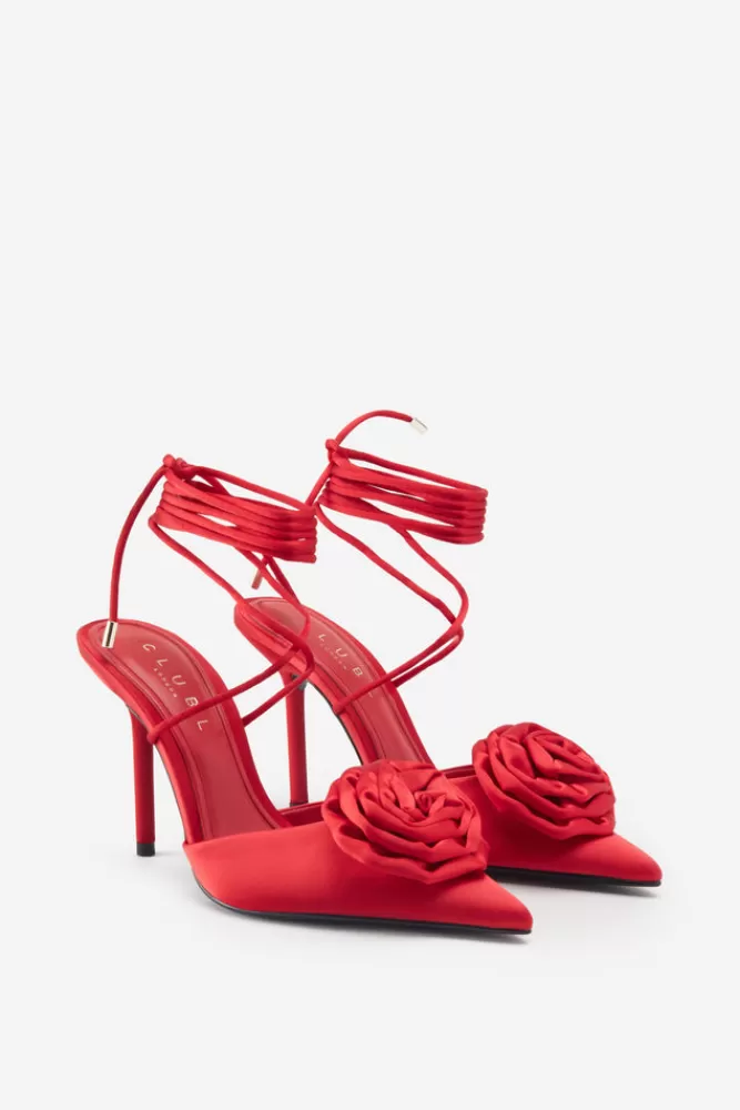 Club L London Clearly | Red Satin Lace-Up Stiletto Heels With Flowers REDSATIN Best Sale