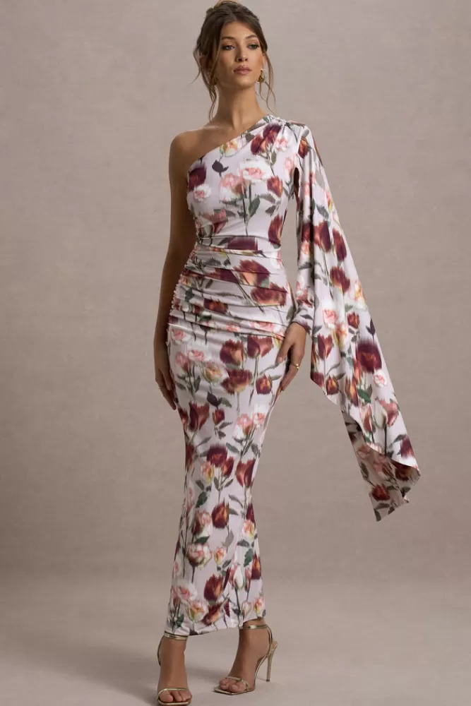 Club L London Clementina | Cream Floral Print Asymmetric Cape Sleeve Maxi Dress CREAMFLORAL Cheap