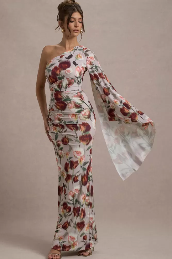 Club L London Clementina | Cream Floral Print Asymmetric Cape Sleeve Maxi Dress CREAMFLORAL Cheap