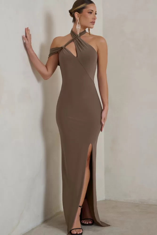 Club L London Clementine | Mocha Asymmetric Neckline Maxi Dress With Thigh Split LIGHTMOCHA Shop