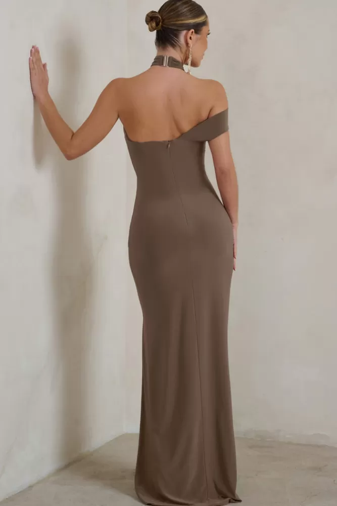 Club L London Clementine | Mocha Asymmetric Neckline Maxi Dress With Thigh Split LIGHTMOCHA Shop