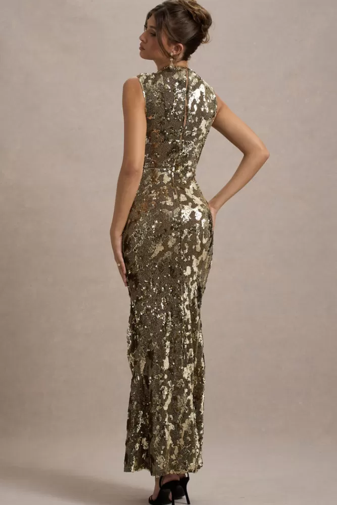 Club L London Cleopatra | Sequin Split Maxi Dress GOLD Cheap