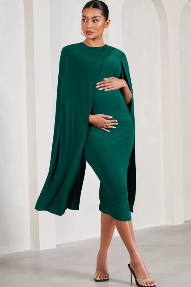 Club L London Cloud Nine | Bottle Green Maternity Midi Dress With Cape Sleeves BOTTLEGREEN Flash Sale