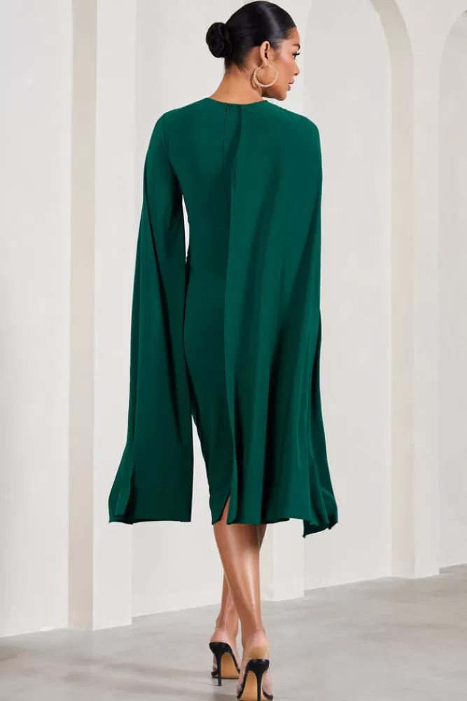 Club L London Cloud Nine | Bottle Green Maternity Midi Dress With Cape Sleeves BOTTLEGREEN Flash Sale