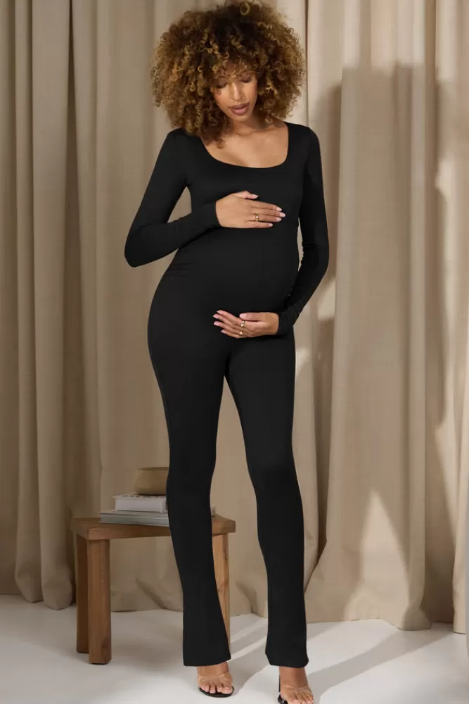 Club L London Clover | Square-Neck Slim-Leg Maternity Jumpsuit BLACK Shop