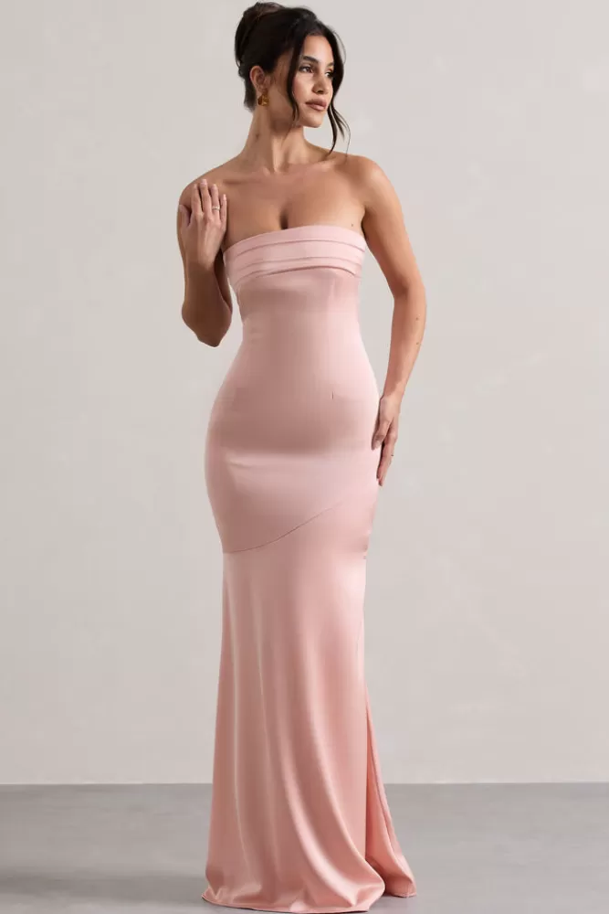 Club L London Colada | Pink Satin Pleated Bandeau Maxi Dress PINKTULLE Best Sale