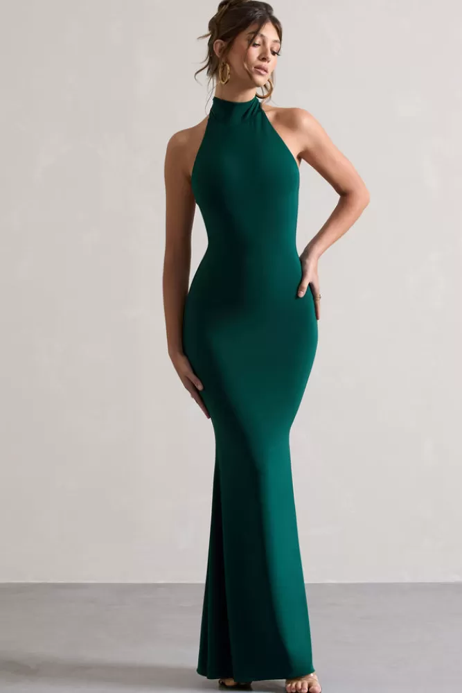 Club L London Colorado | Bottle Green High-Neck Fishtail Maxi Dress BOTTLEGREEN Hot