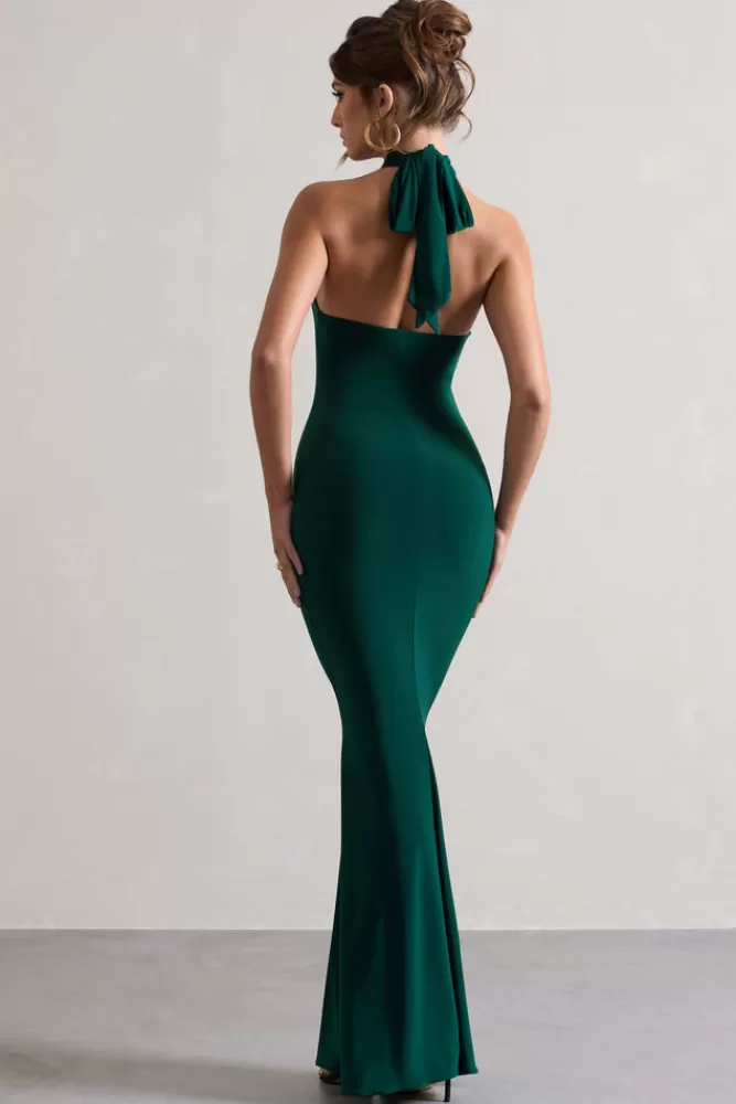 Club L London Colorado | Bottle Green High-Neck Fishtail Maxi Dress BOTTLEGREEN Hot