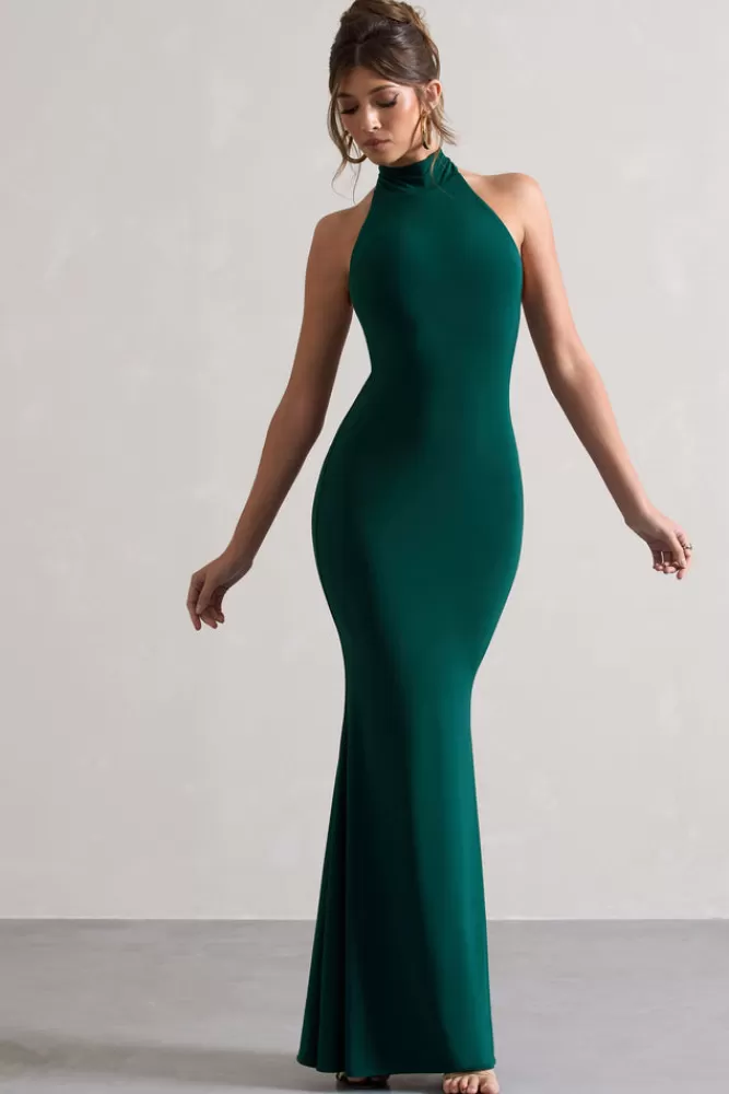 Club L London Colorado | Bottle Green High-Neck Fishtail Maxi Dress BOTTLEGREEN Hot